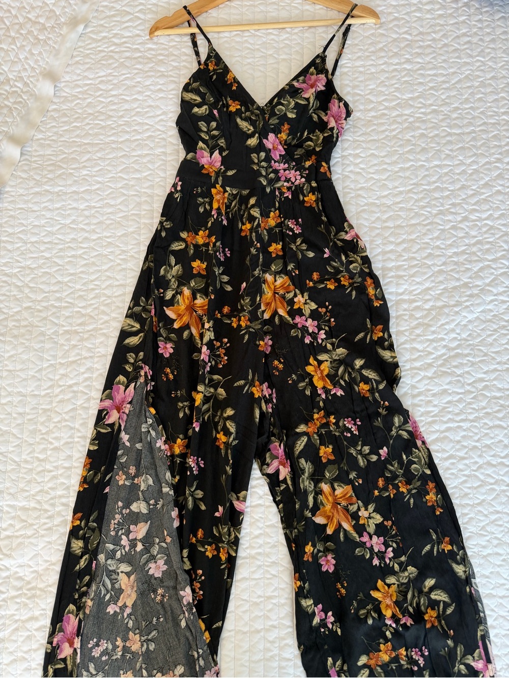 Floral Black Wide-Leg Jumpsuit with Slit